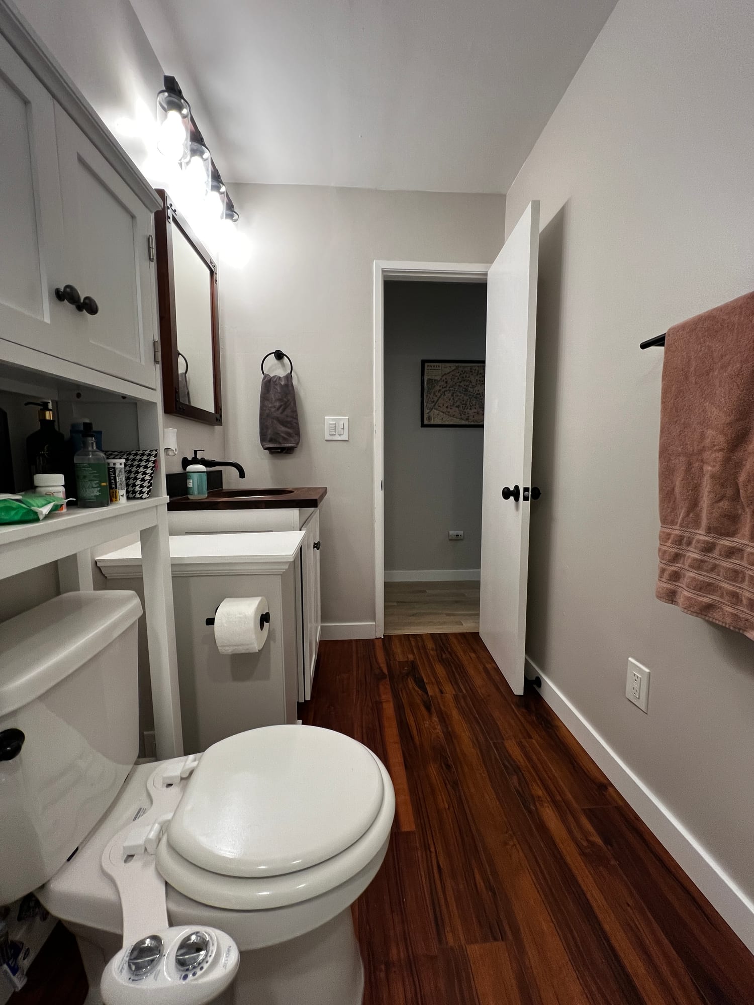 Bathroom vanity with walnut accent wall